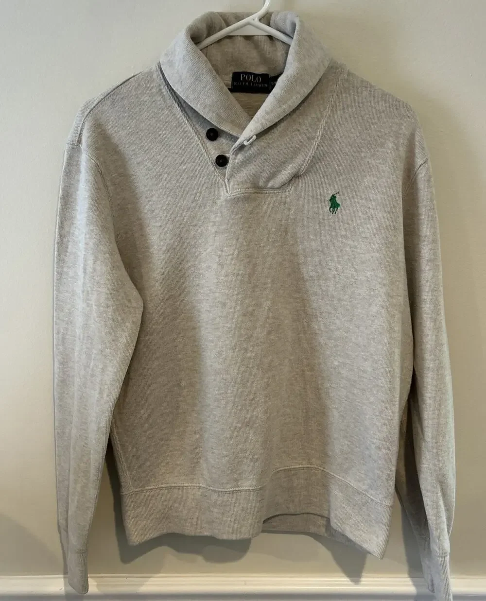 Polo Ralph Lauren Pullover Mens Small Tan Shawl Collar Cotton Sweater Sweatshirt